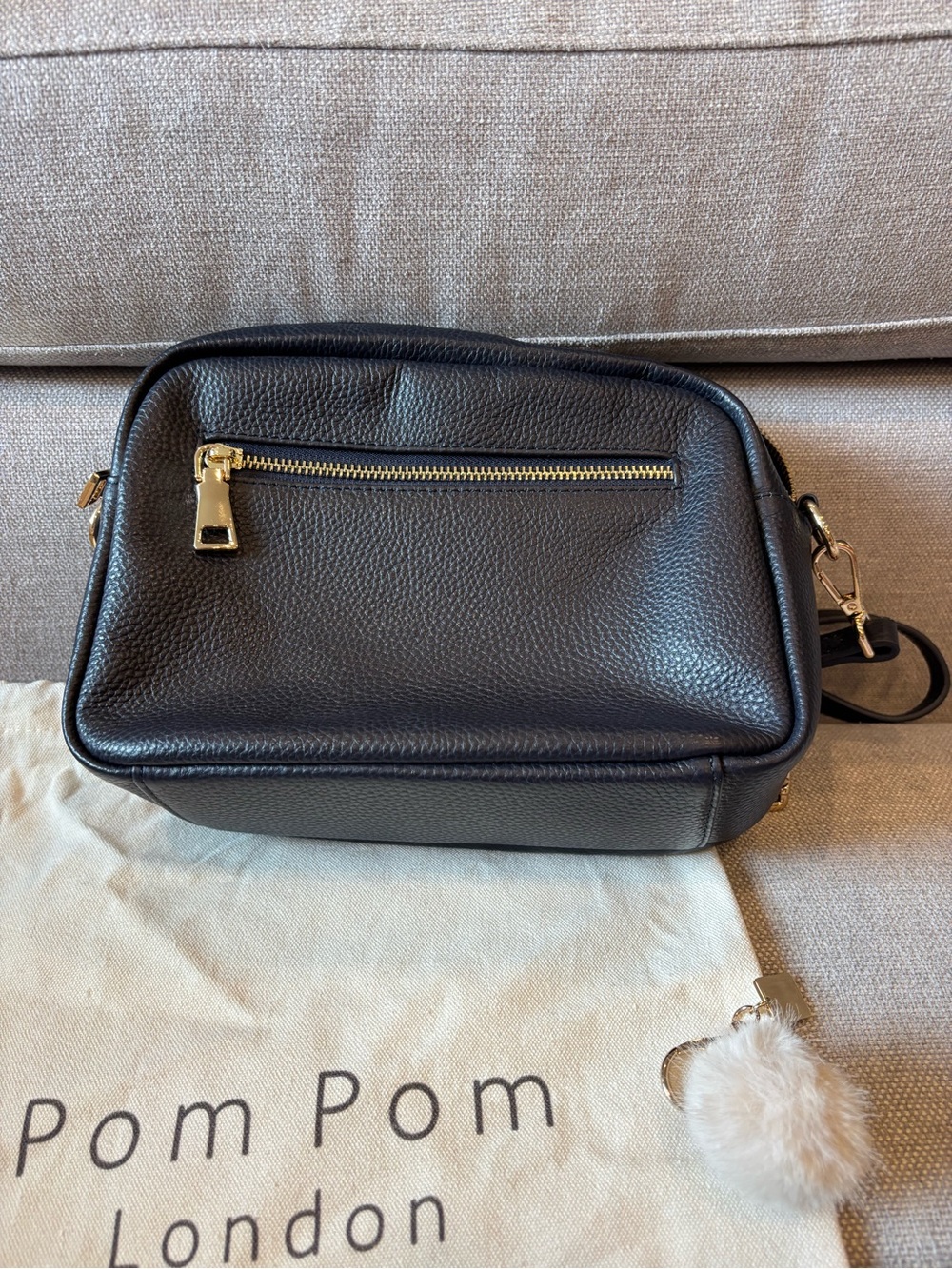 NWOT Pom Pom London Navy Original Pebbled Crossbody Bag with Striped Straps - Picture 5 of 10